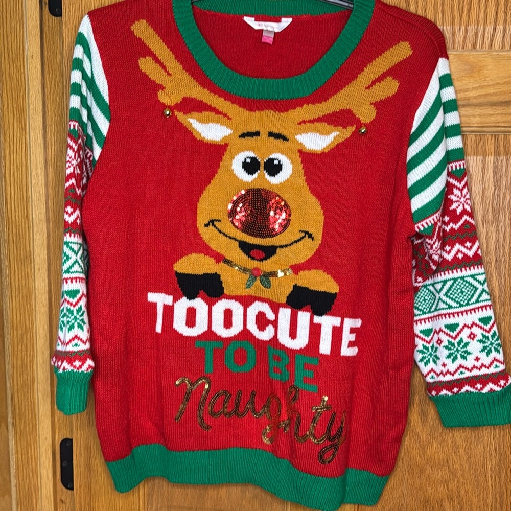 No Boundaries Christmas Too Cute To Be Naughty Rudolph Red Sweater Juniors XXXL